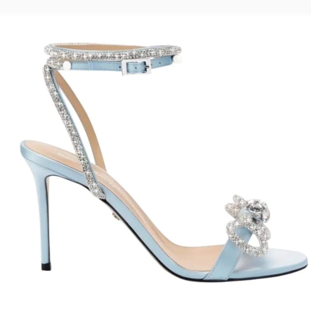 NIB MACH & MACH | Double Bow Round Toe Satin Sandals Heels Pumps Blue Sz 10B 40